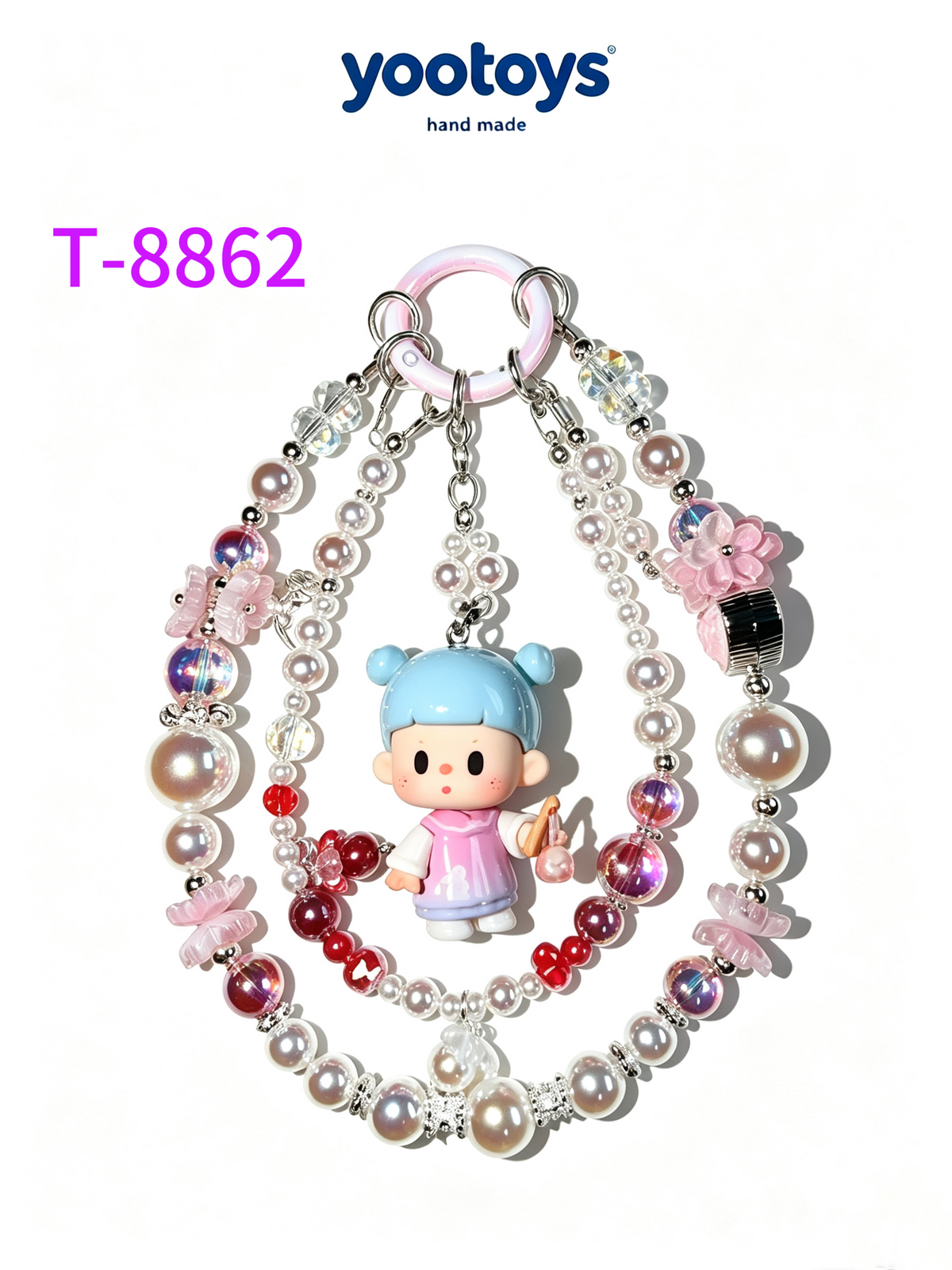 DIY Handmade Beaded Phone Strap with Cute Anime Figure Charm - Hand Assembled Beads, Unique One of A Kind Design, Sturdy Metal Clasp, Adjustable Beaded Chain, Can be used as Phone Lanyard / Bag Pendant, Perfect DIY Trendy Collectible Toy Accessory